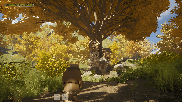 A player character exploring a lush, magical forest in Hawthorn game